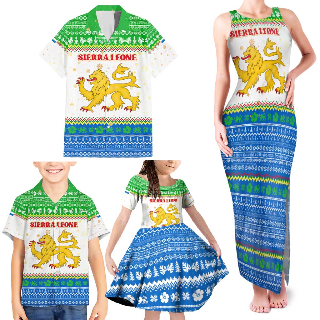 Sierra Leone Christmas Family Matching Tank Maxi Dress and Hawaiian Shirt with Festive Green Pattern, Golden Lion Emblem, and Santa Sleigh Motif - Wonder Print Shop
