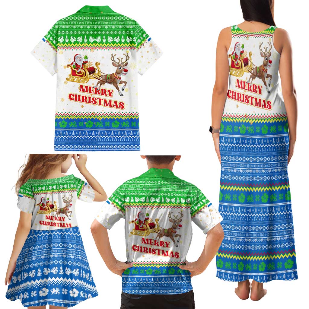 Sierra Leone Christmas Family Matching Tank Maxi Dress and Hawaiian Shirt with Festive Green Pattern, Golden Lion Emblem, and Santa Sleigh Motif - Wonder Print Shop