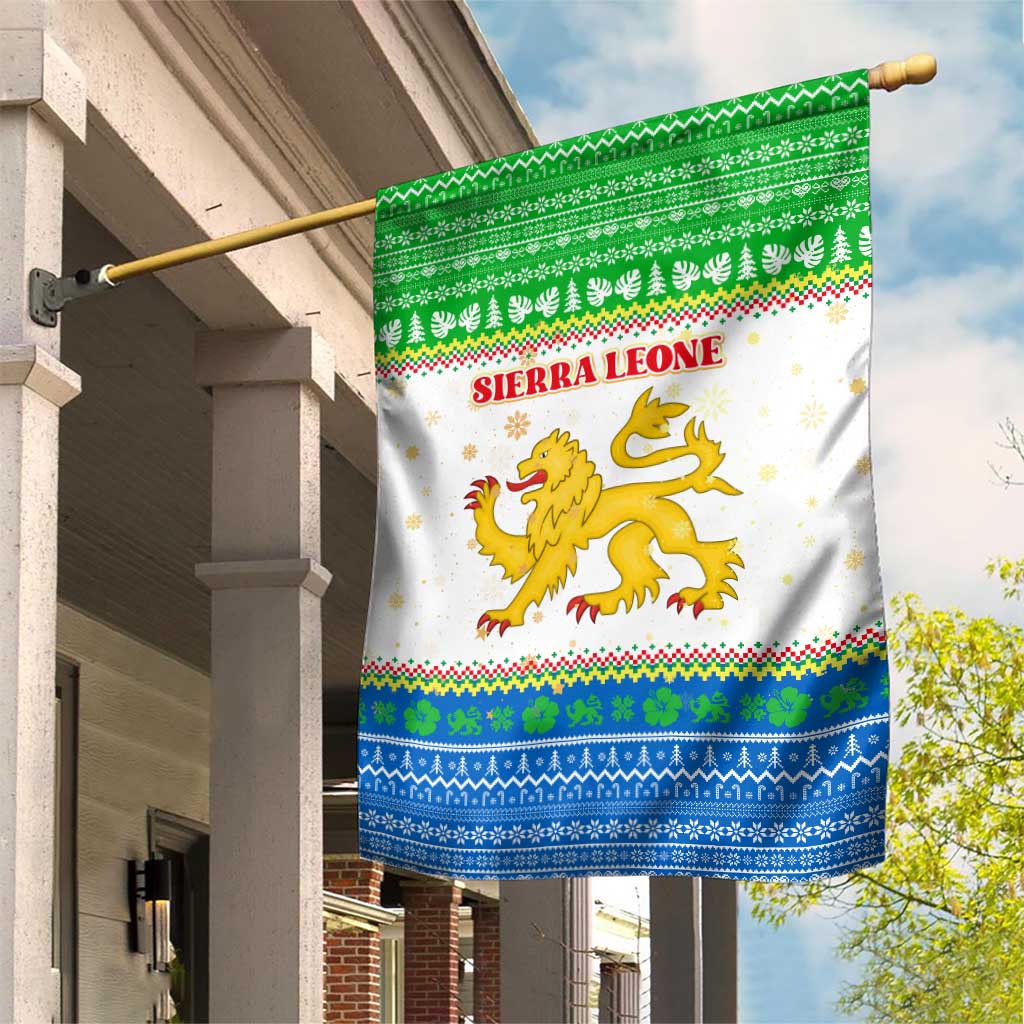 Sierra Leone Christmas Garden Flag with Festive Green Pattern, Golden Lion Emblem, and Santa Sleigh Motif - Wonder Print Shop