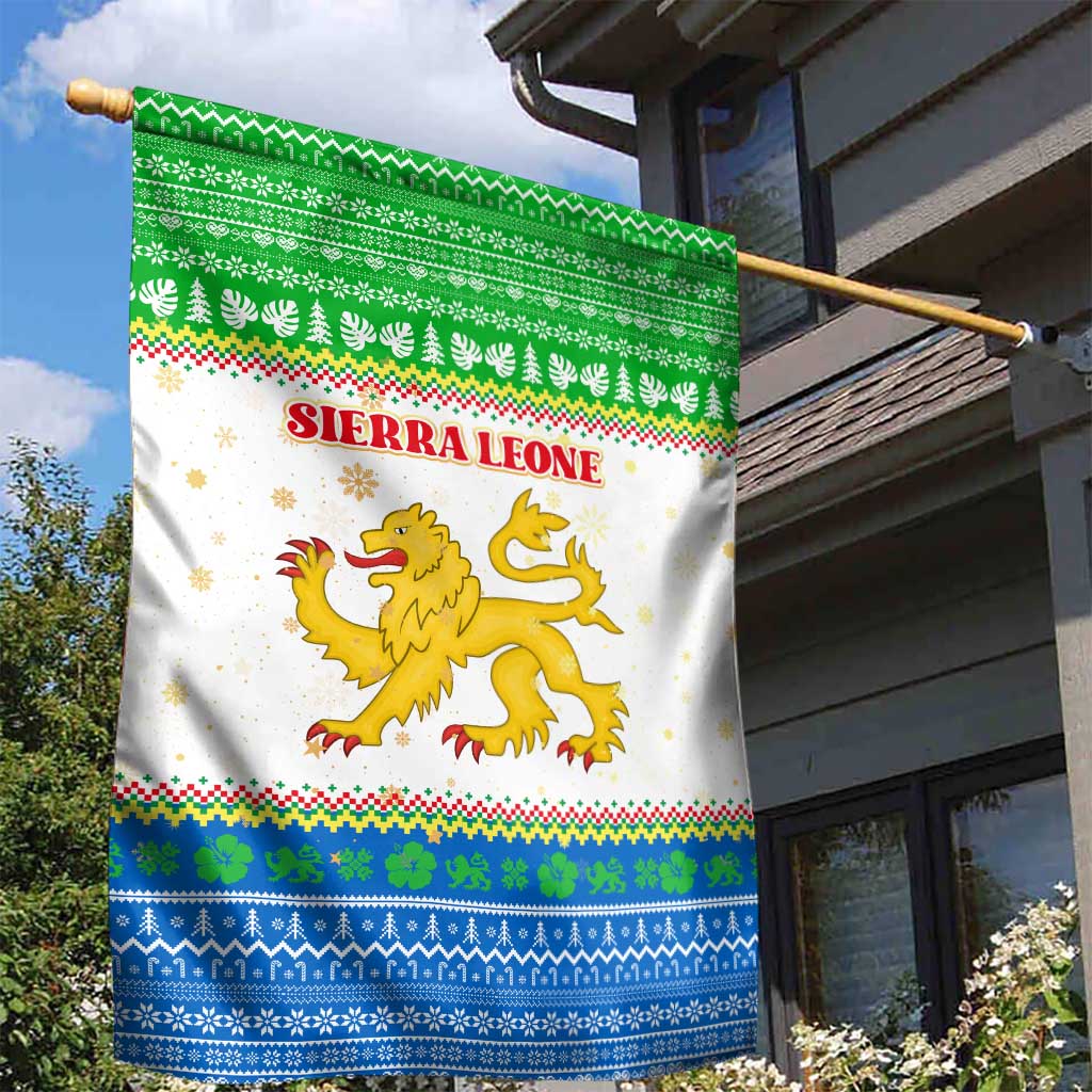 Sierra Leone Christmas Garden Flag with Festive Green Pattern, Golden Lion Emblem, and Santa Sleigh Motif - Wonder Print Shop