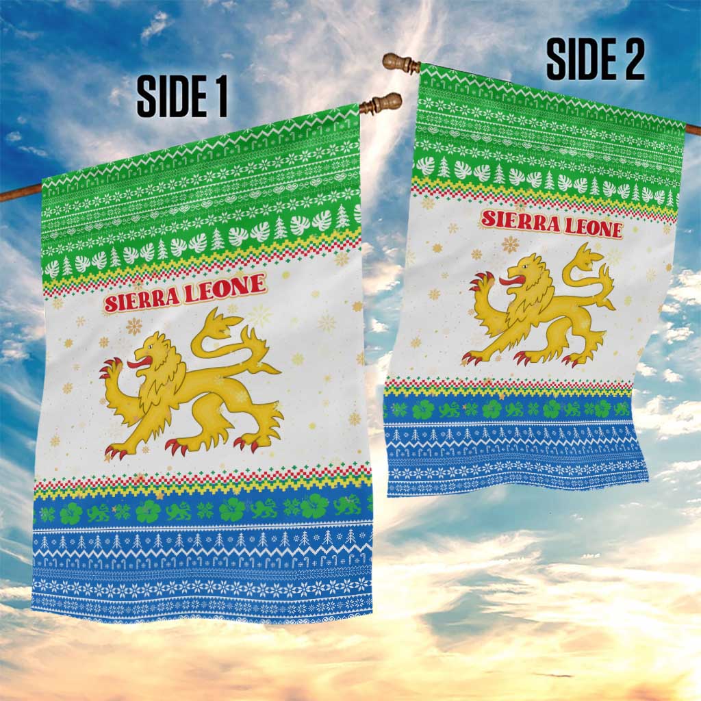 Sierra Leone Christmas Garden Flag with Festive Green Pattern, Golden Lion Emblem, and Santa Sleigh Motif - Wonder Print Shop