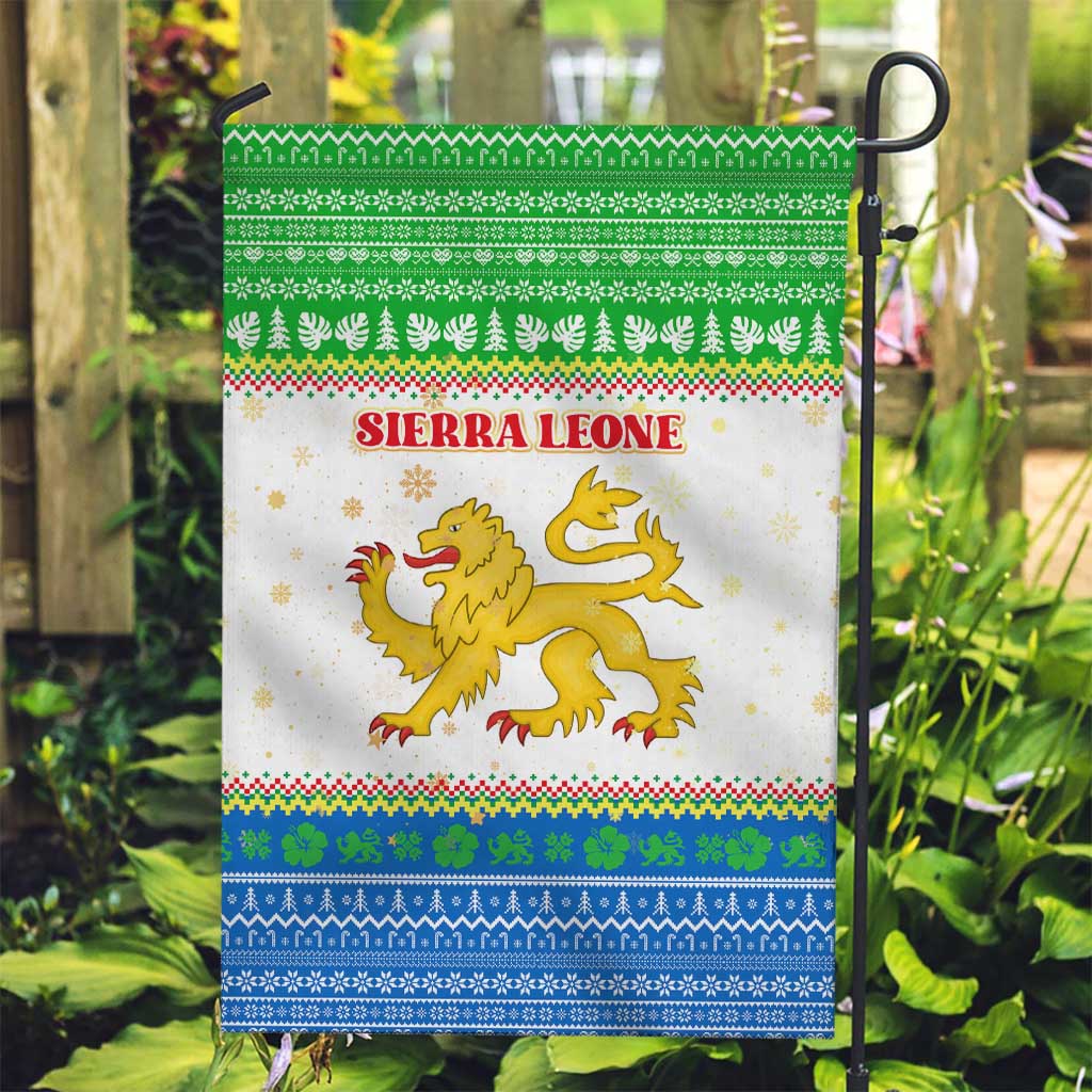 Sierra Leone Christmas Garden Flag with Festive Green Pattern, Golden Lion Emblem, and Santa Sleigh Motif - Wonder Print Shop