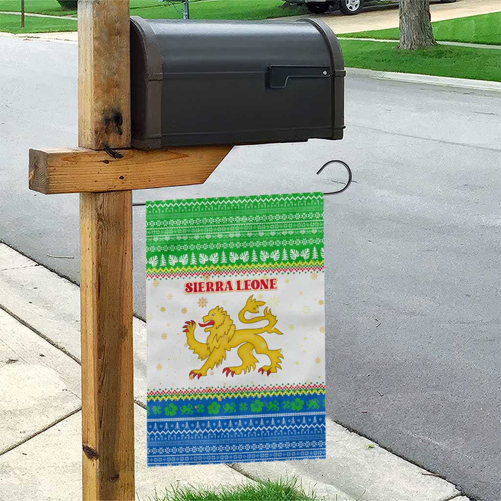 Sierra Leone Christmas Garden Flag with Festive Green Pattern, Golden Lion Emblem, and Santa Sleigh Motif - Wonder Print Shop
