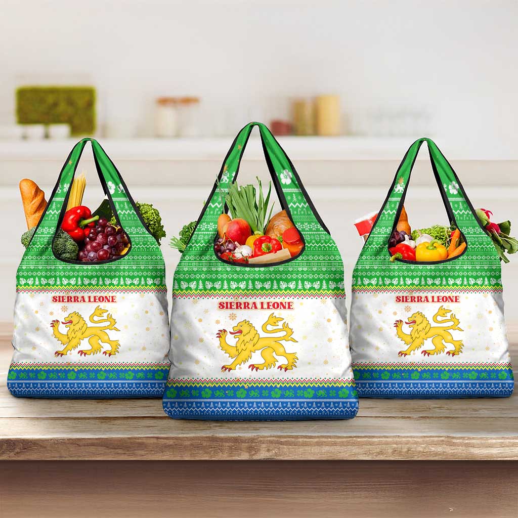 Sierra Leone Christmas Grocery Bag with Festive Green Pattern, Golden Lion Emblem, and Santa Sleigh Motif - Wonder Print Shop