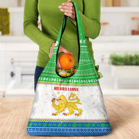 Sierra Leone Christmas Grocery Bag with Festive Green Pattern, Golden Lion Emblem, and Santa Sleigh Motif - Wonder Print Shop