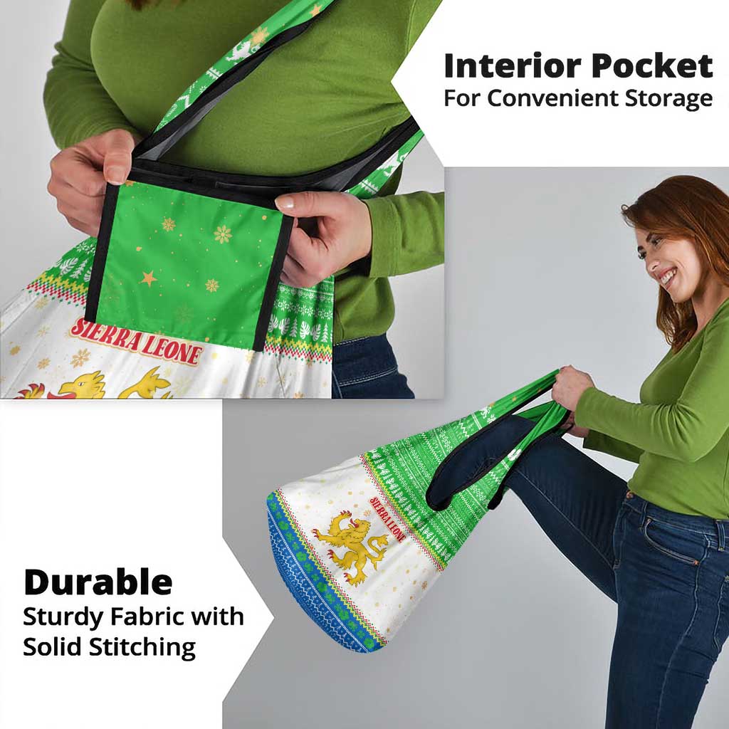 Sierra Leone Christmas Grocery Bag with Festive Green Pattern, Golden Lion Emblem, and Santa Sleigh Motif - Wonder Print Shop