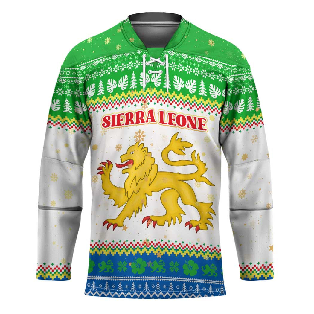 Sierra Leone Christmas Hockey Jersey with Festive Green Pattern, Golden Lion Emblem, and Santa Sleigh Motif - Wonder Print Shop