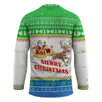 Sierra Leone Christmas Hockey Jersey with Festive Green Pattern, Golden Lion Emblem, and Santa Sleigh Motif - Wonder Print Shop
