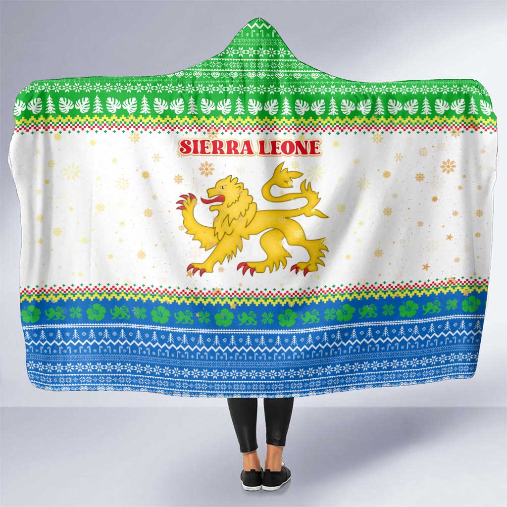 Sierra Leone Christmas Hooded Blanket with Festive Green Pattern, Golden Lion Emblem, and Santa Sleigh Motif - Wonder Print Shop