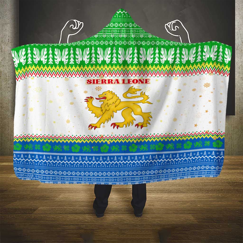Sierra Leone Christmas Hooded Blanket with Festive Green Pattern, Golden Lion Emblem, and Santa Sleigh Motif - Wonder Print Shop