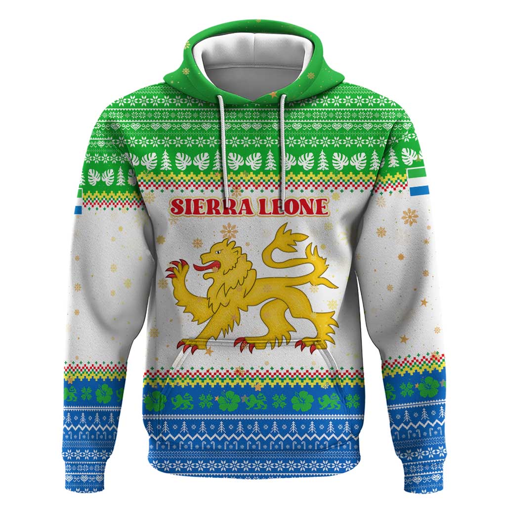 Sierra Leone Christmas Hoodie with Festive Green Pattern, Golden Lion Emblem, and Santa Sleigh Motif - Wonder Print Shop