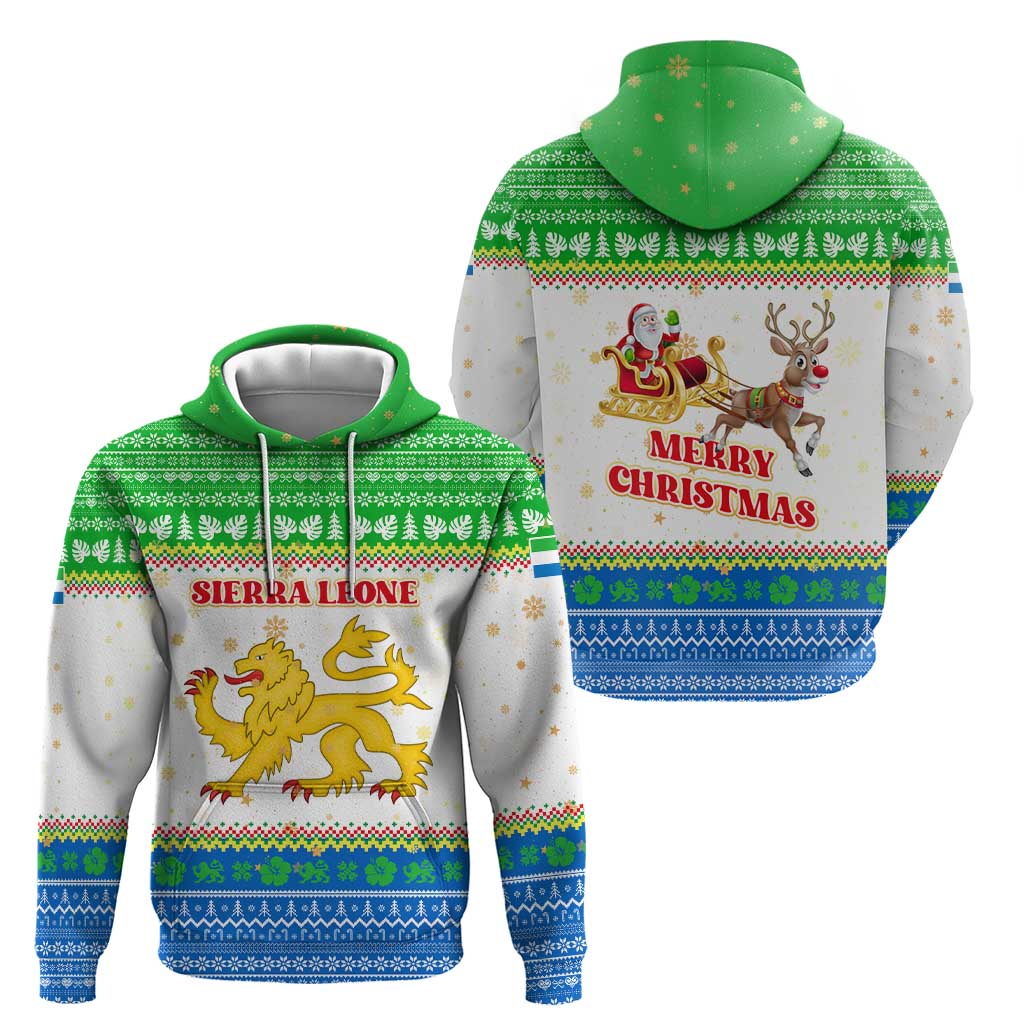 Sierra Leone Christmas Hoodie with Festive Green Pattern, Golden Lion Emblem, and Santa Sleigh Motif - Wonder Print Shop