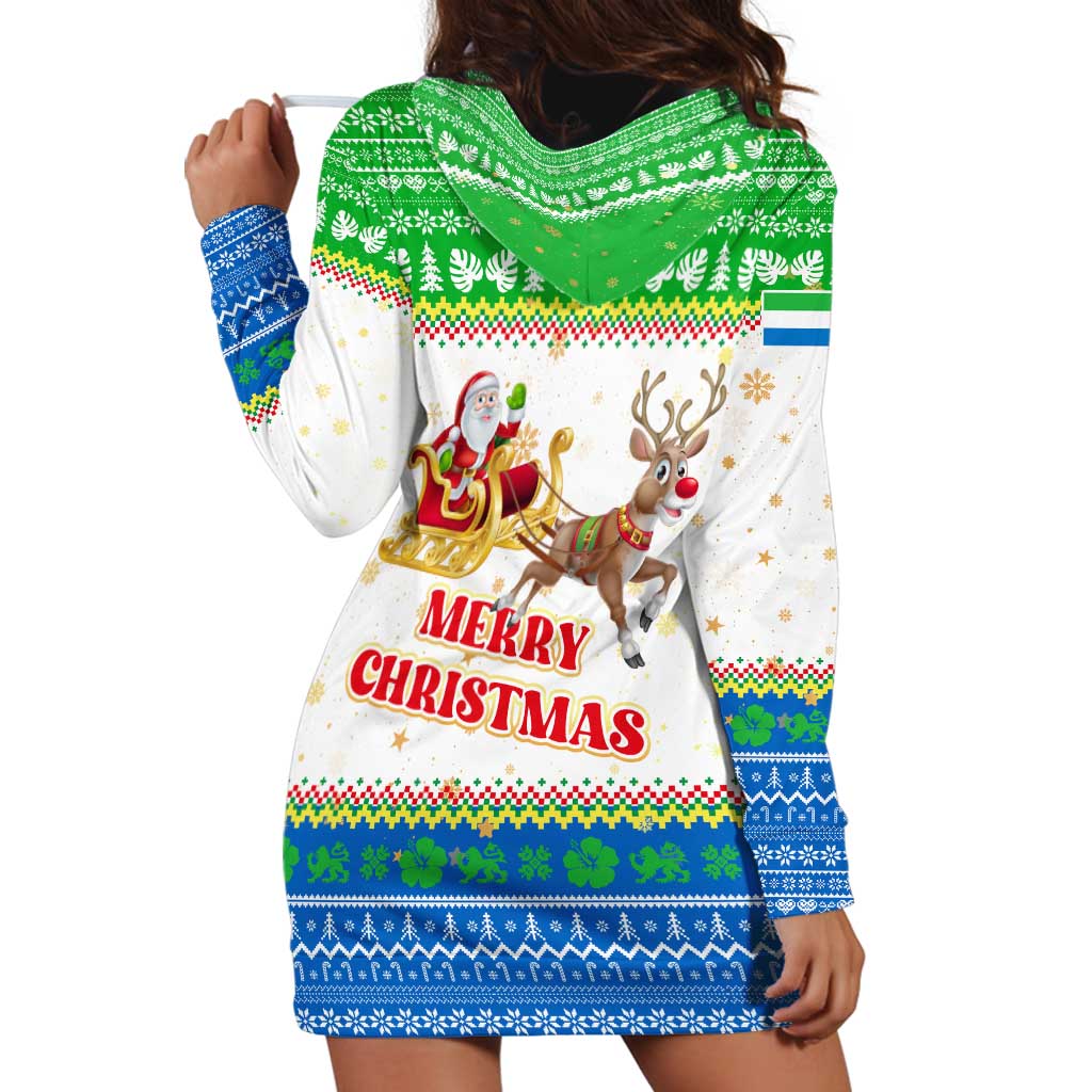 Sierra Leone Christmas Hoodie Dress with Festive Green Pattern, Golden Lion Emblem, and Santa Sleigh Motif - Wonder Print Shop