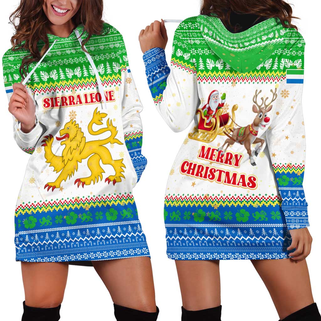 Sierra Leone Christmas Hoodie Dress with Festive Green Pattern, Golden Lion Emblem, and Santa Sleigh Motif - Wonder Print Shop