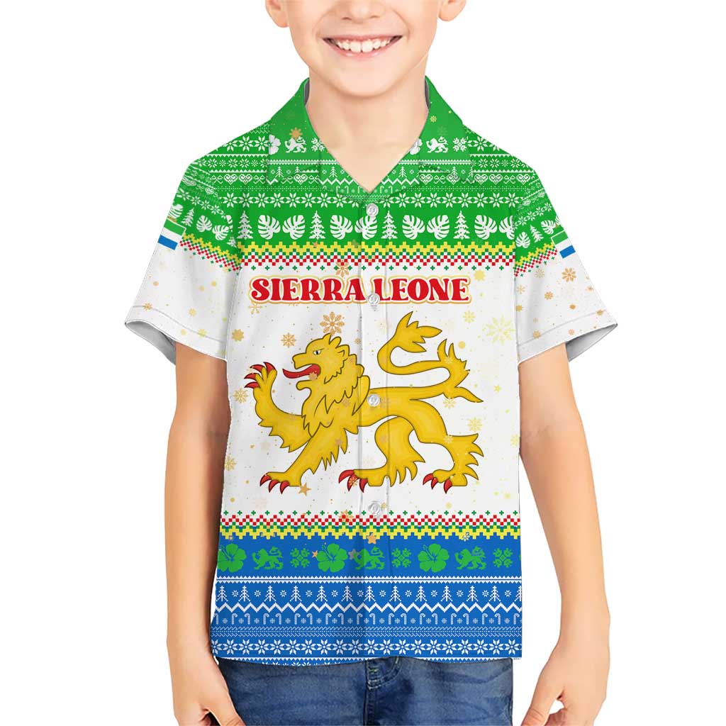 Sierra Leone Christmas Kid Hawaiian Shirt with Festive Green Pattern, Golden Lion Emblem, and Santa Sleigh Motif - Wonder Print Shop