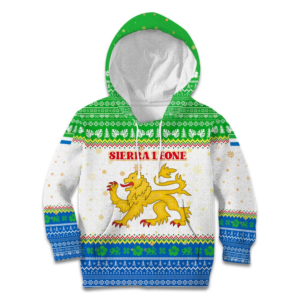 Sierra Leone Christmas Kid Hoodie with Festive Green Pattern, Golden Lion Emblem, and Santa Sleigh Motif - Wonder Print Shop