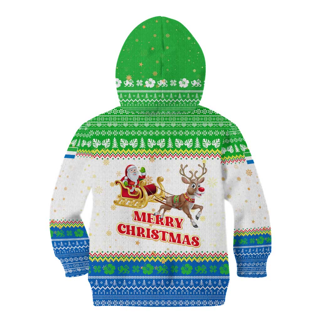 Sierra Leone Christmas Kid Hoodie with Festive Green Pattern, Golden Lion Emblem, and Santa Sleigh Motif - Wonder Print Shop