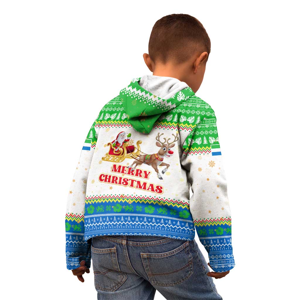 Sierra Leone Christmas Kid Hoodie with Festive Green Pattern, Golden Lion Emblem, and Santa Sleigh Motif - Wonder Print Shop