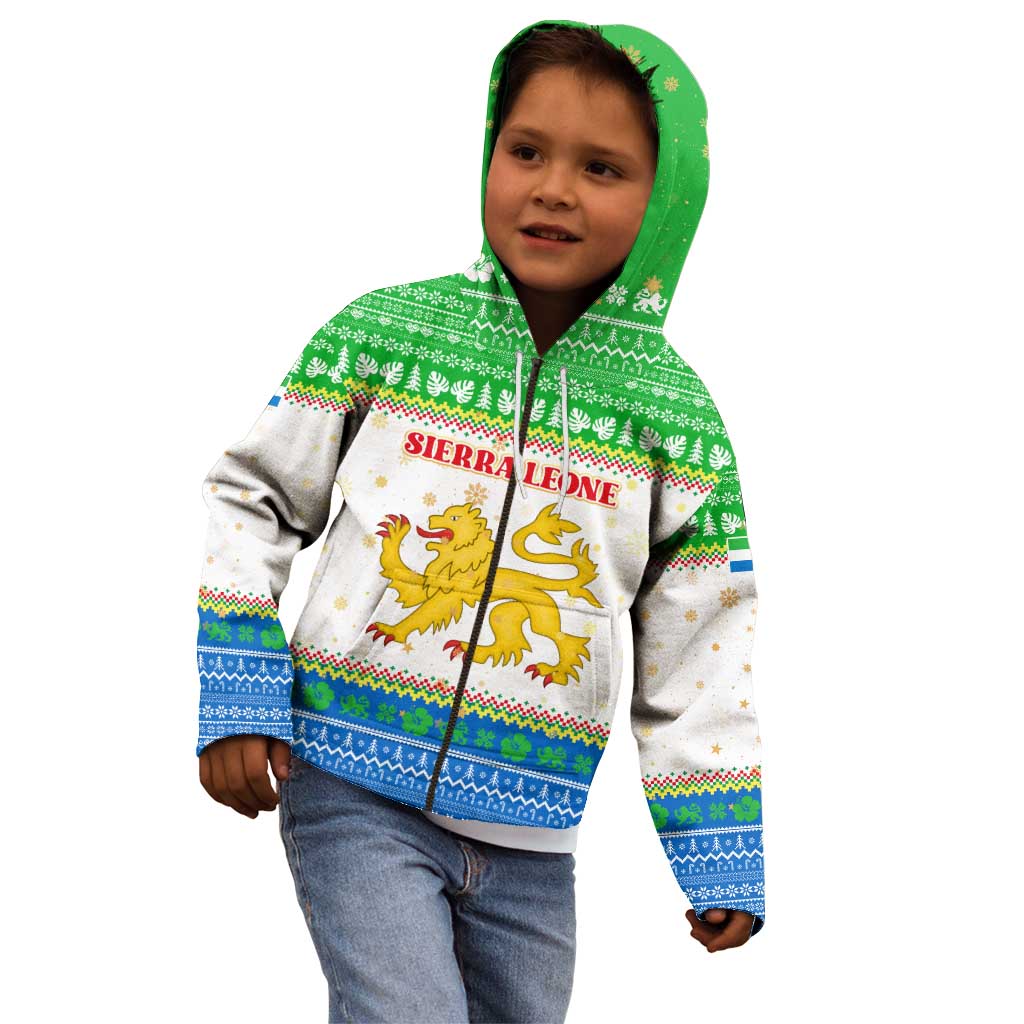 Sierra Leone Christmas Kid Hoodie with Festive Green Pattern, Golden Lion Emblem, and Santa Sleigh Motif - Wonder Print Shop