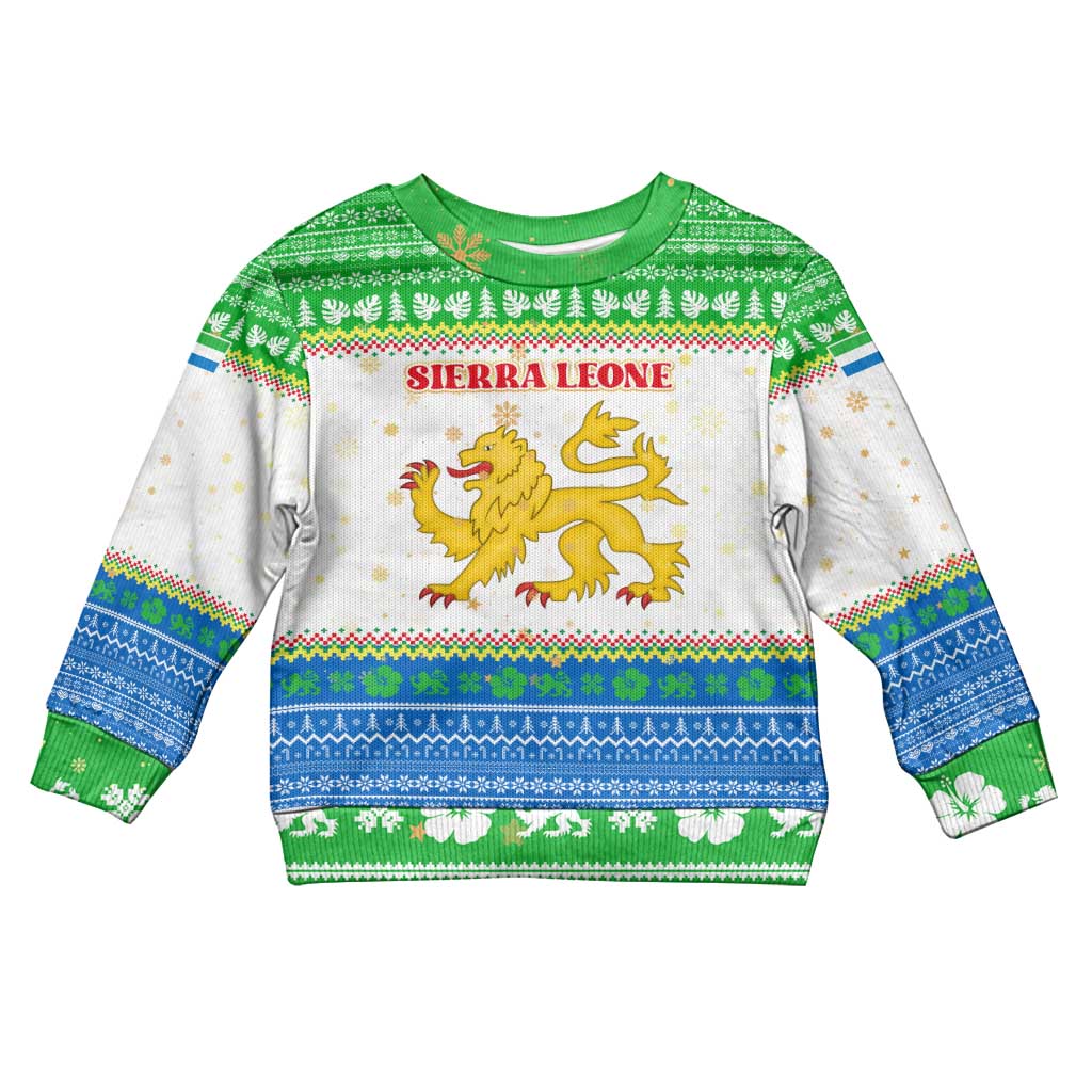 Sierra Leone Christmas Kid Ugly Christmas Sweater with Festive Green Pattern, Golden Lion Emblem, and Santa Sleigh Motif - Wonder Print Shop