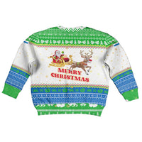 Sierra Leone Christmas Kid Ugly Christmas Sweater with Festive Green Pattern, Golden Lion Emblem, and Santa Sleigh Motif - Wonder Print Shop