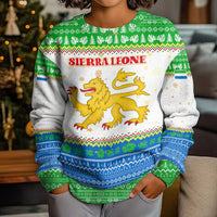 Sierra Leone Christmas Kid Ugly Christmas Sweater with Festive Green Pattern, Golden Lion Emblem, and Santa Sleigh Motif - Wonder Print Shop