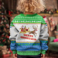 Sierra Leone Christmas Kid Ugly Christmas Sweater with Festive Green Pattern, Golden Lion Emblem, and Santa Sleigh Motif - Wonder Print Shop