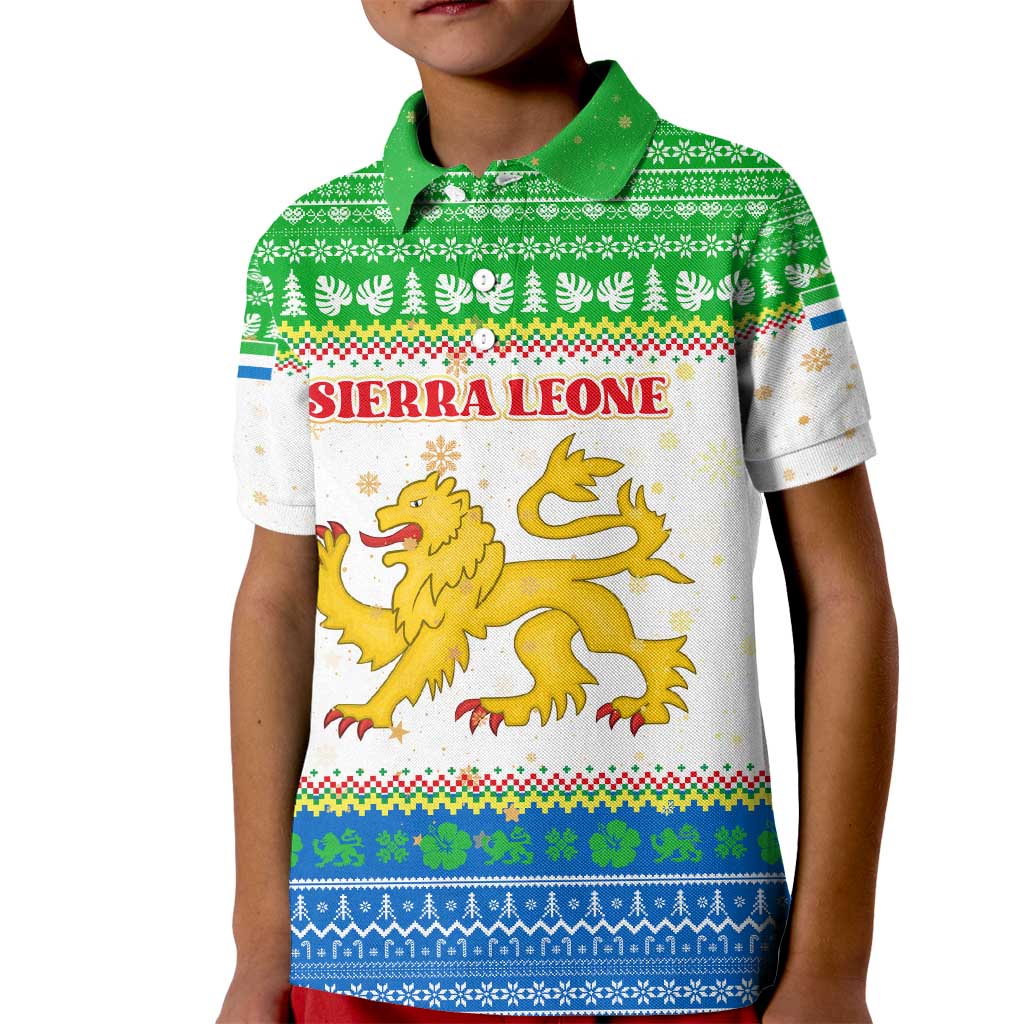 Sierra Leone Christmas Kid Polo Shirt with Festive Green Pattern, Golden Lion Emblem, and Santa Sleigh Motif - Wonder Print Shop