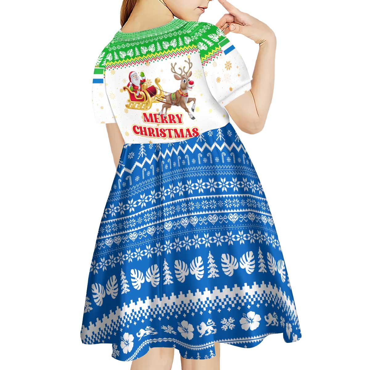 Sierra Leone Christmas Kid Short Sleeve Dress with Festive Green Pattern, Golden Lion Emblem, and Santa Sleigh Motif - Wonder Print Shop