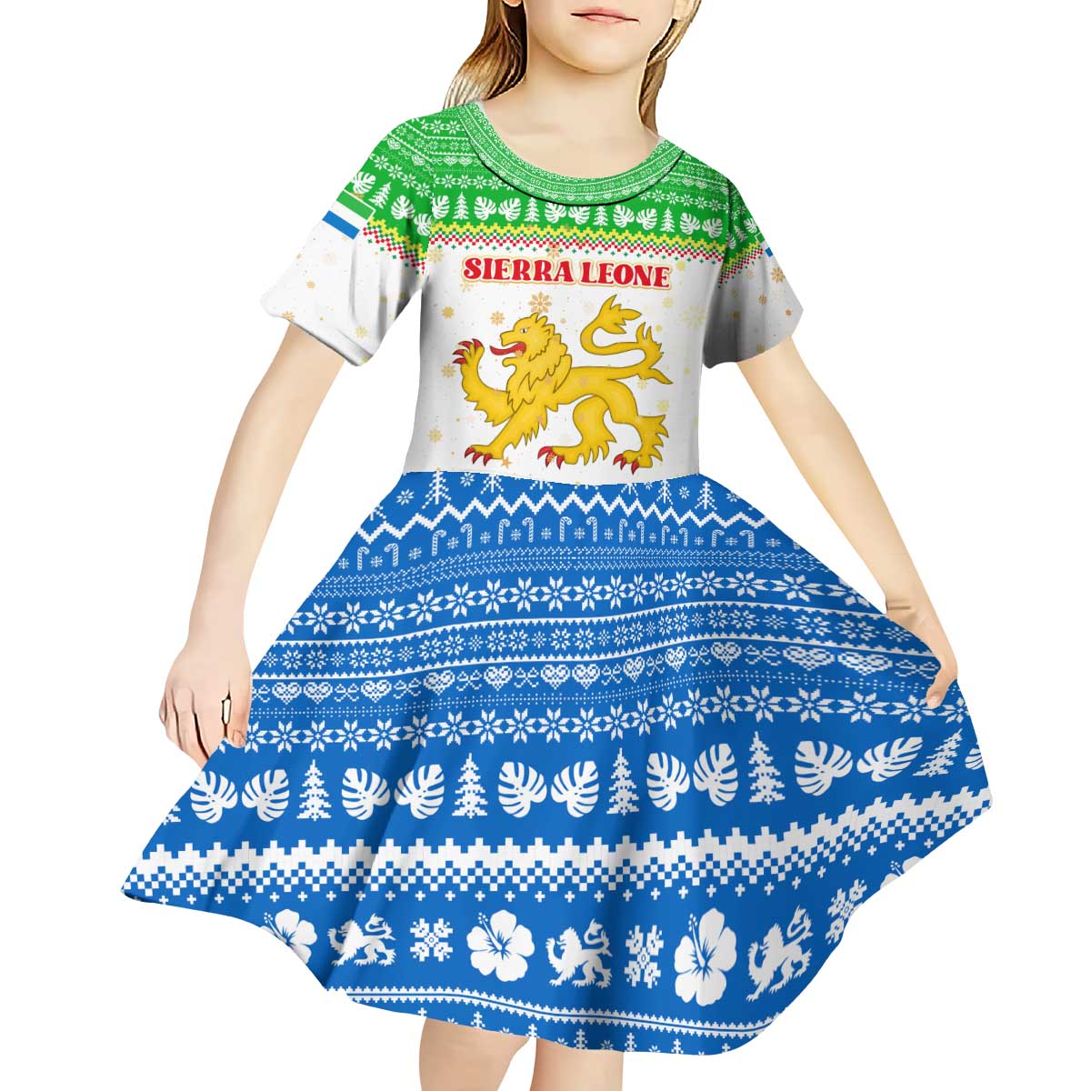 Sierra Leone Christmas Kid Short Sleeve Dress with Festive Green Pattern, Golden Lion Emblem, and Santa Sleigh Motif - Wonder Print Shop
