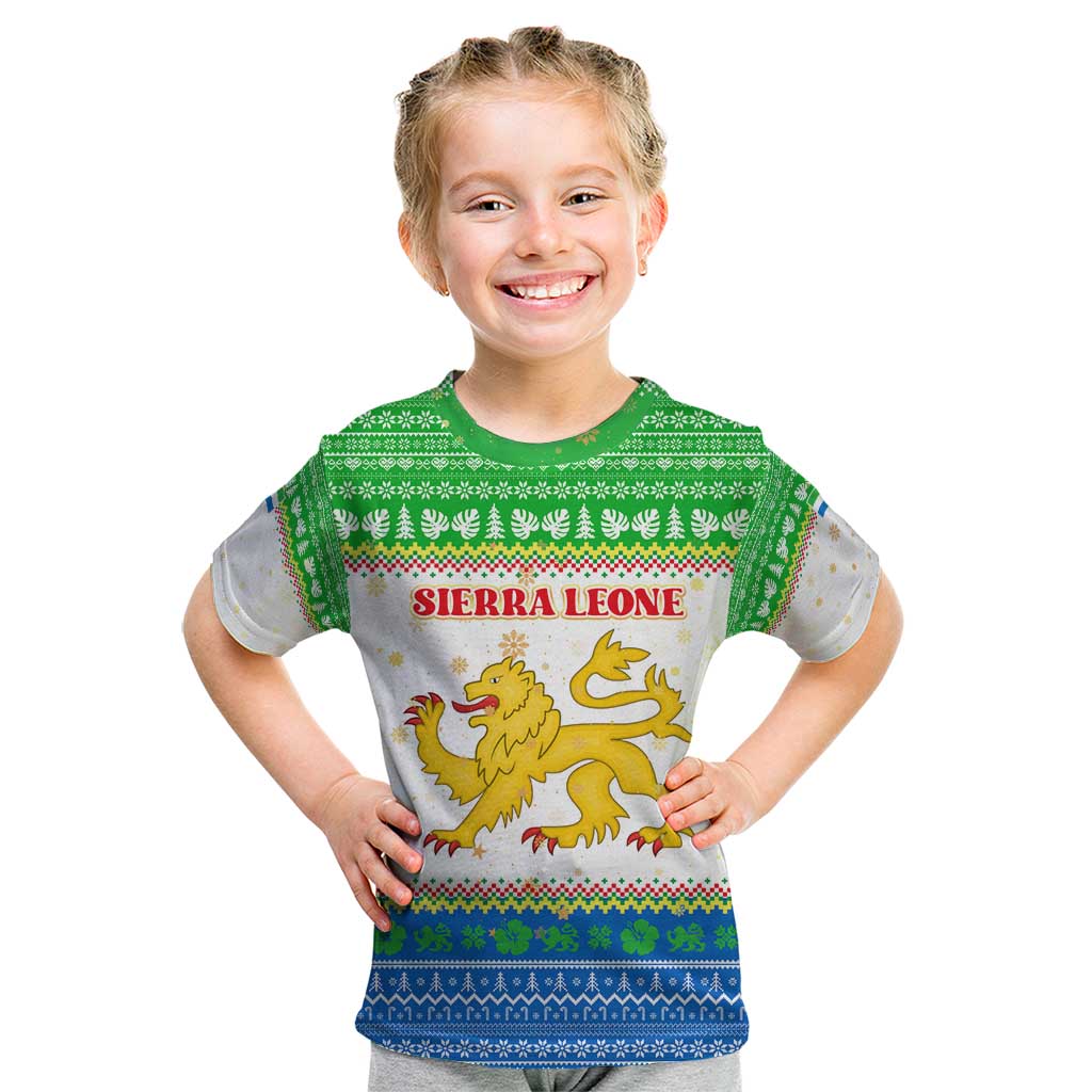 Sierra Leone Christmas Kid T Shirt with Festive Green Pattern, Golden Lion Emblem, and Santa Sleigh Motif - Wonder Print Shop
