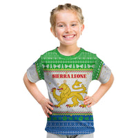 Sierra Leone Christmas Kid T Shirt with Festive Green Pattern, Golden Lion Emblem, and Santa Sleigh Motif - Wonder Print Shop