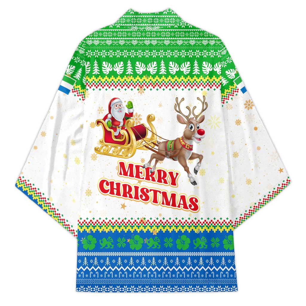 Sierra Leone Christmas Kimono with Festive Green Pattern, Golden Lion Emblem, and Santa Sleigh Motif - Wonder Print Shop