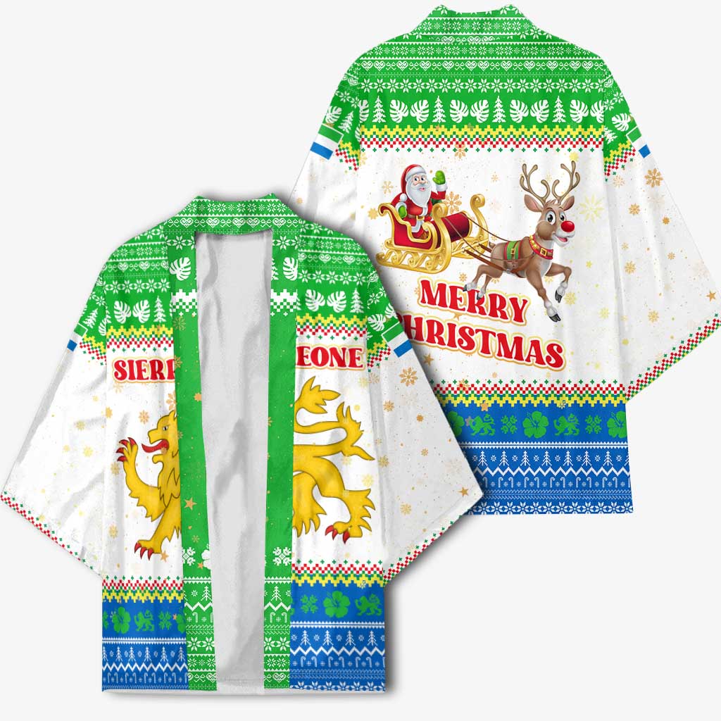 Sierra Leone Christmas Kimono with Festive Green Pattern, Golden Lion Emblem, and Santa Sleigh Motif - Wonder Print Shop