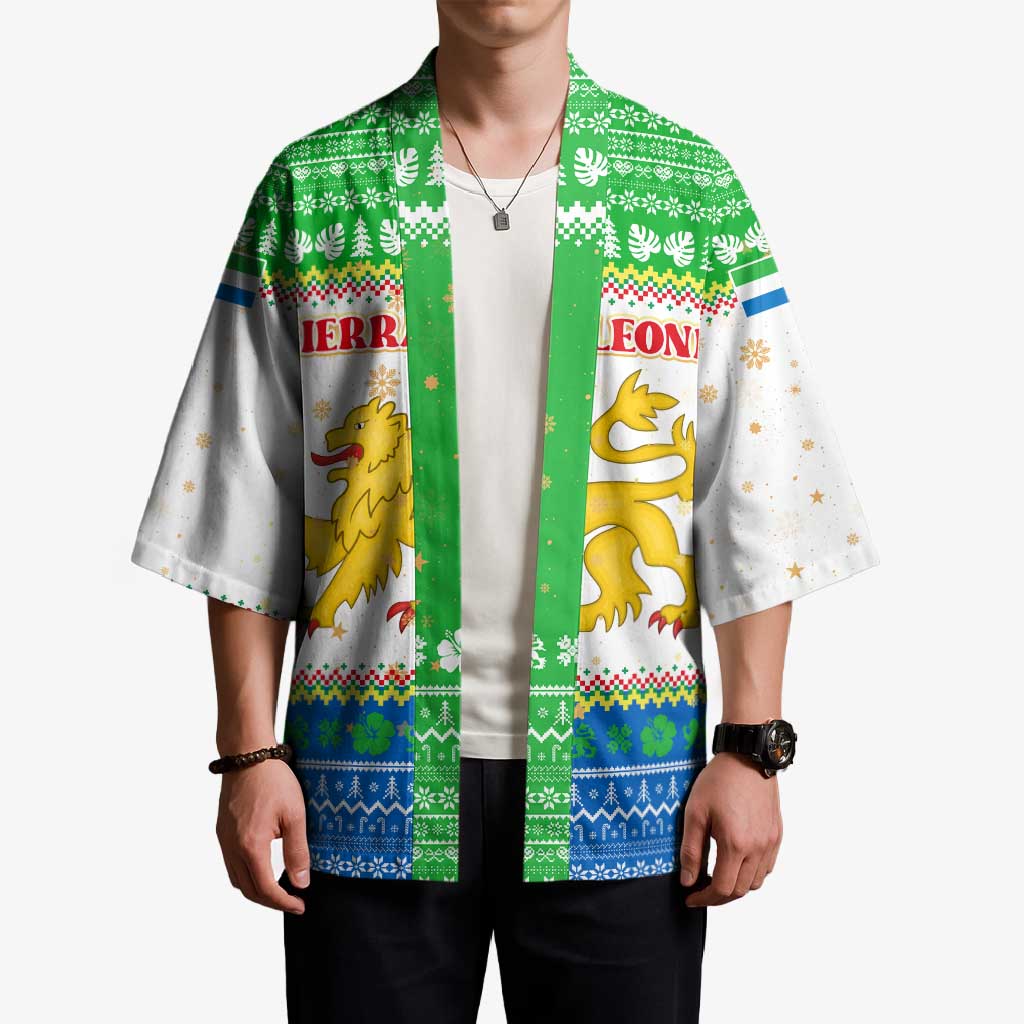 Sierra Leone Christmas Kimono with Festive Green Pattern, Golden Lion Emblem, and Santa Sleigh Motif - Wonder Print Shop