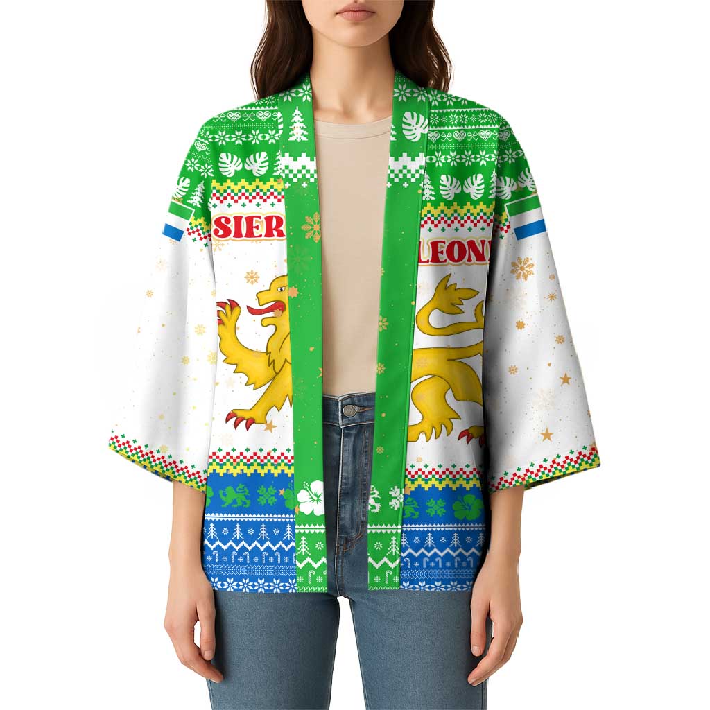 Sierra Leone Christmas Kimono with Festive Green Pattern, Golden Lion Emblem, and Santa Sleigh Motif - Wonder Print Shop