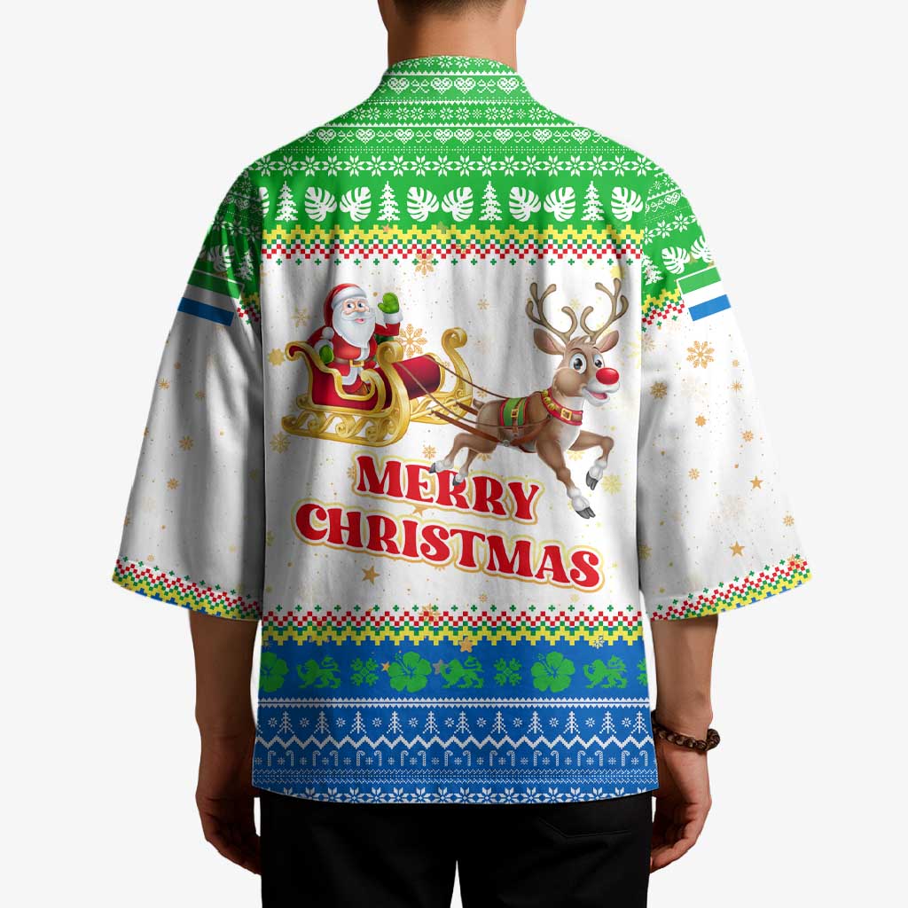Sierra Leone Christmas Kimono with Festive Green Pattern, Golden Lion Emblem, and Santa Sleigh Motif - Wonder Print Shop