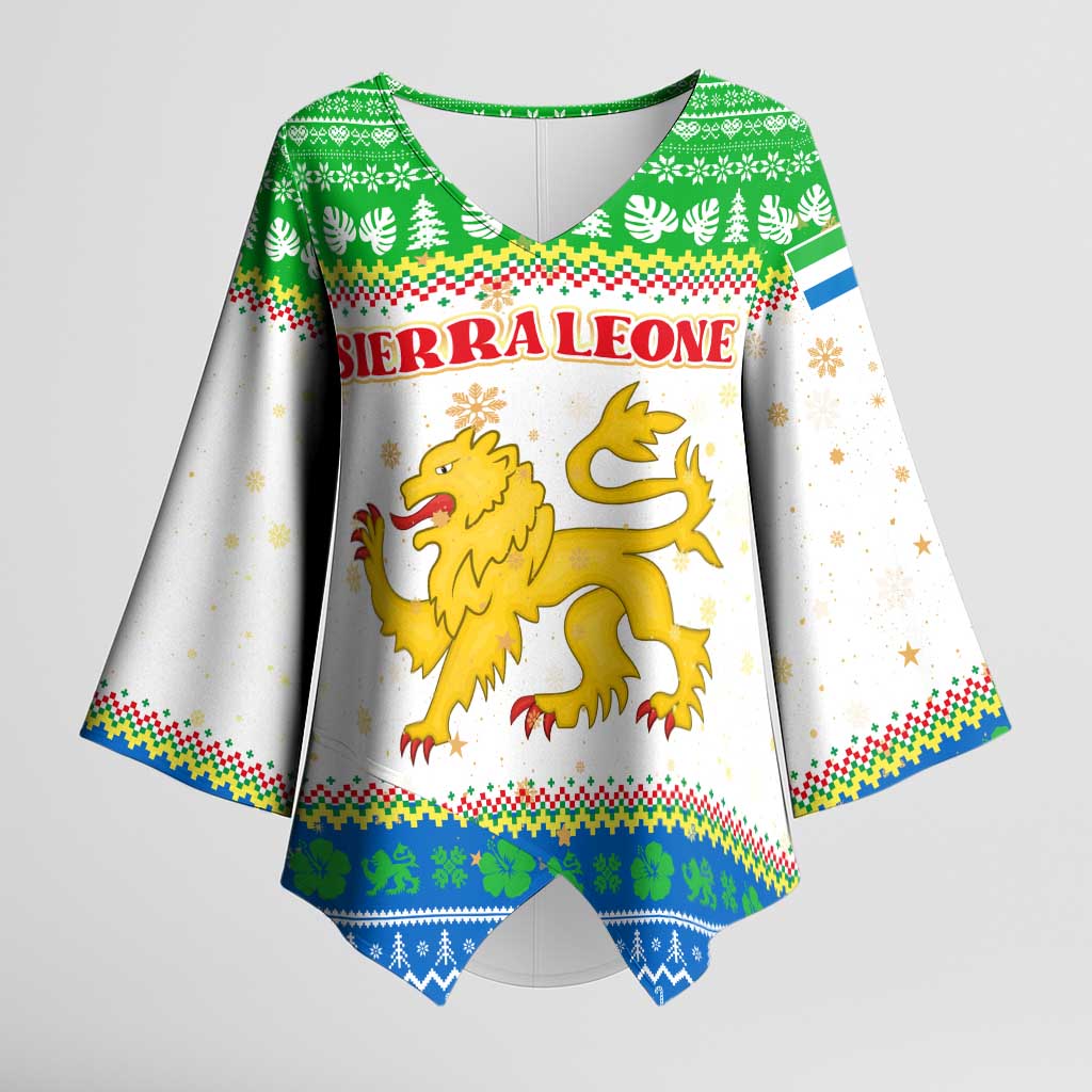 Sierra Leone Christmas Kimono Sleeve Blouse with Festive Green Pattern, Golden Lion Emblem, and Santa Sleigh Motif - Wonder Print Shop