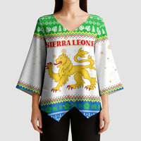 Sierra Leone Christmas Kimono Sleeve Blouse with Festive Green Pattern, Golden Lion Emblem, and Santa Sleigh Motif - Wonder Print Shop