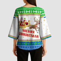 Sierra Leone Christmas Kimono Sleeve Blouse with Festive Green Pattern, Golden Lion Emblem, and Santa Sleigh Motif - Wonder Print Shop