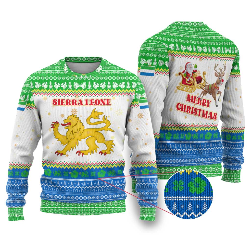 Sierra Leone Christmas Ugly Christmas Sweater with Festive Green Pattern, Golden Lion Emblem, and Santa Sleigh Motif - Wonder Print Shop