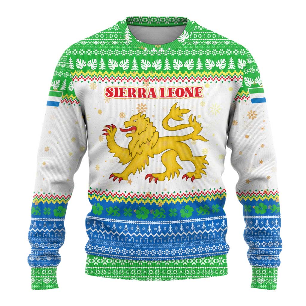 Sierra Leone Christmas Ugly Christmas Sweater with Festive Green Pattern, Golden Lion Emblem, and Santa Sleigh Motif - Wonder Print Shop