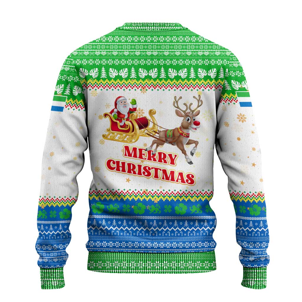 Sierra Leone Christmas Ugly Christmas Sweater with Festive Green Pattern, Golden Lion Emblem, and Santa Sleigh Motif - Wonder Print Shop