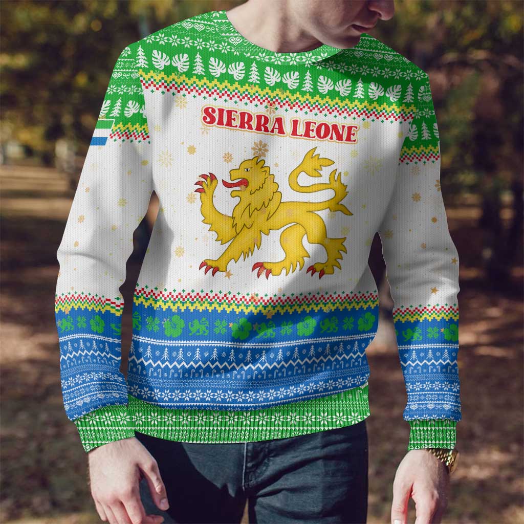 Sierra Leone Christmas Ugly Christmas Sweater with Festive Green Pattern, Golden Lion Emblem, and Santa Sleigh Motif - Wonder Print Shop
