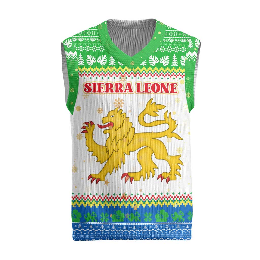 Sierra Leone Christmas Knitted V-Neck Vest with Festive Green Pattern, Golden Lion Emblem, and Santa Sleigh Motif - Wonder Print Shop