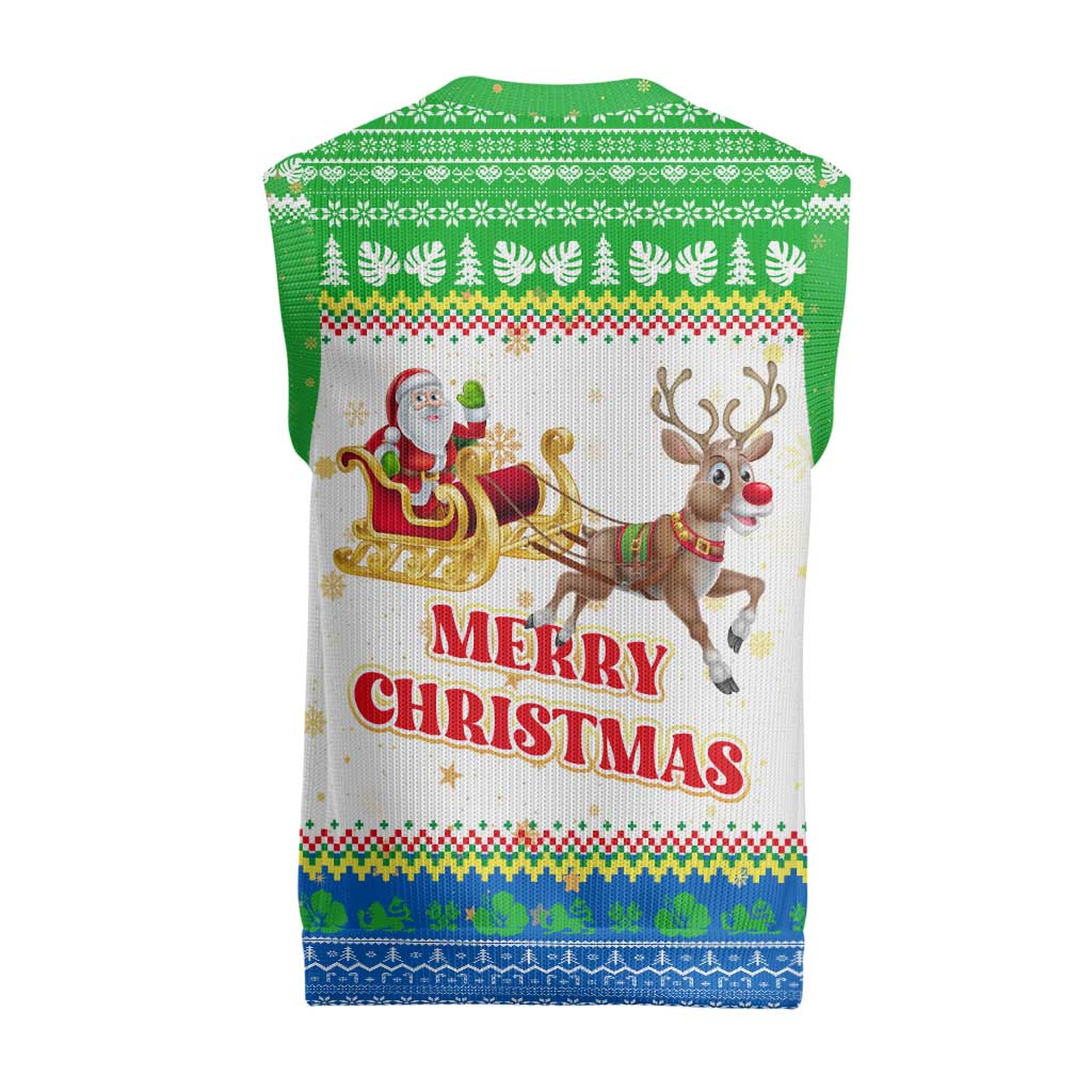 Sierra Leone Christmas Knitted V-Neck Vest with Festive Green Pattern, Golden Lion Emblem, and Santa Sleigh Motif - Wonder Print Shop