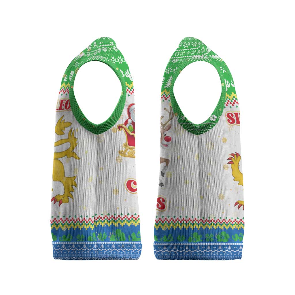 Sierra Leone Christmas Knitted V-Neck Vest with Festive Green Pattern, Golden Lion Emblem, and Santa Sleigh Motif - Wonder Print Shop