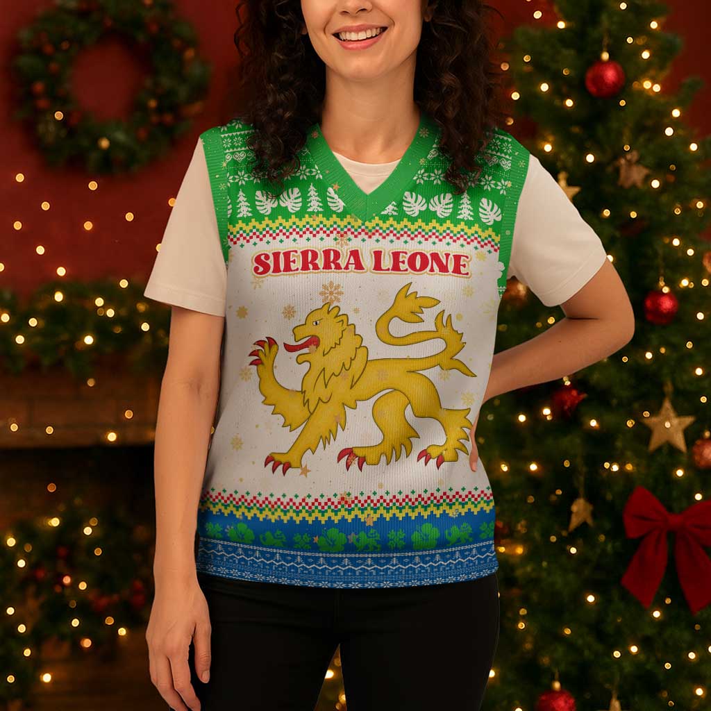Sierra Leone Christmas Knitted V-Neck Vest with Festive Green Pattern, Golden Lion Emblem, and Santa Sleigh Motif - Wonder Print Shop