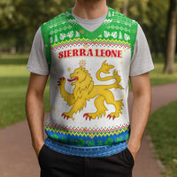 Sierra Leone Christmas Knitted V-Neck Vest with Festive Green Pattern, Golden Lion Emblem, and Santa Sleigh Motif - Wonder Print Shop
