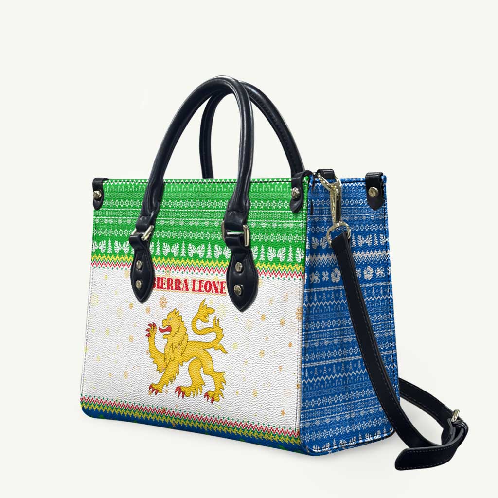 Sierra Leone Christmas Leather Bag with Festive Green Pattern, Golden Lion Emblem, and Santa Sleigh Motif - Wonder Print Shop